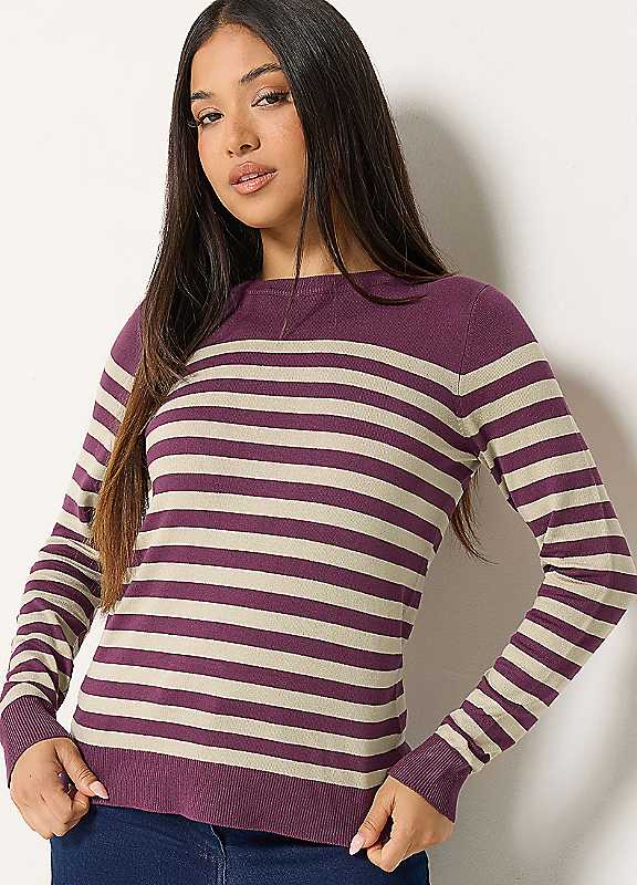 M&Co Women's Plum Petite Stripe Crew Neck Jumper In | Size: 16/18 - Image 2