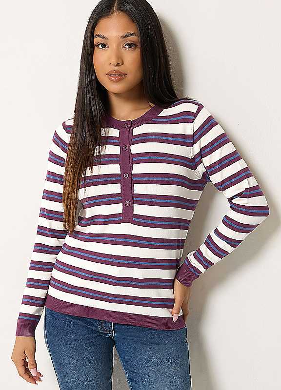 M & Co Women's White Stripe Henley Jumper - Image 3