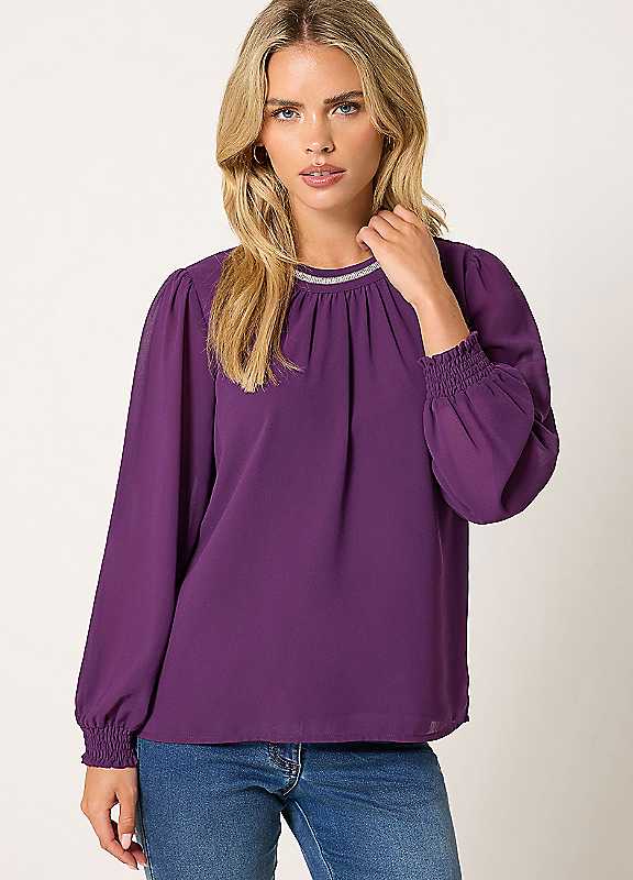 M&Co Petites Women's Purple Mco Petites Petite Trim Neck Blouse