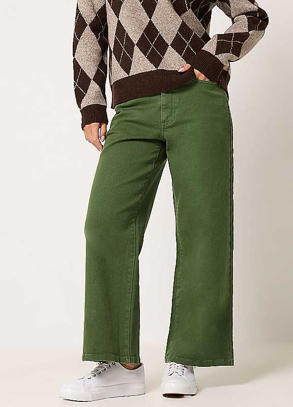 M&Co Women's Petite Wide Leg Jeans in Dark Green | Size: 10 - Image 2