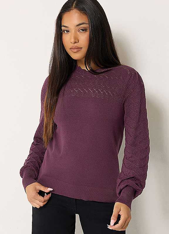 M&Co Petites Women's Purple Mco Petites Pointelle Sleeve Jumper