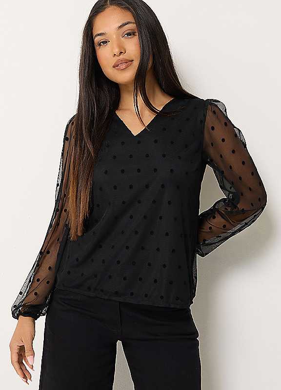 M&Co Women's Black Petite Polka Dot Mesh Sleeve Blouse In Size 8 - Image 3