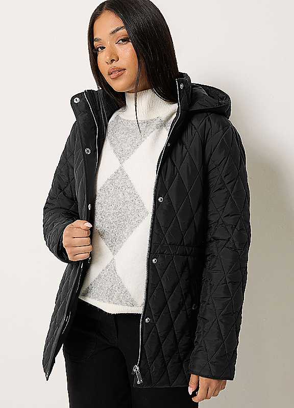 M&Co Women's Petite Diamond Quilted Jacket in Black | Size: 10 - Image 3
