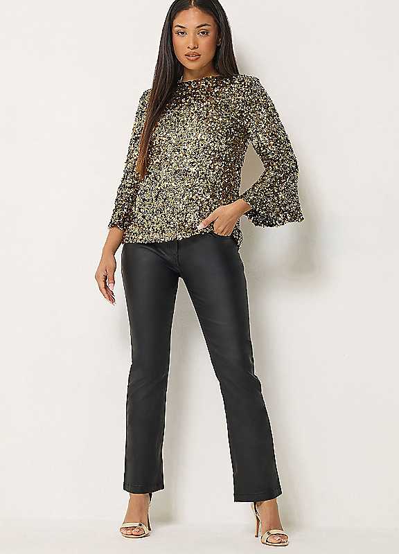 M&Co Women's Petite Sequin Flute Sleeve Top in Gold | Size: 8 - Image 3