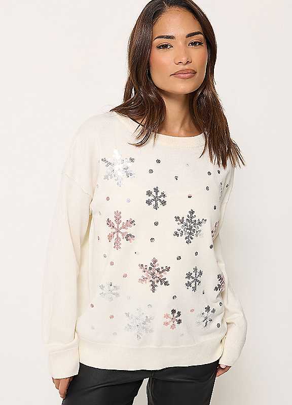M&Co Women's Ivory Sequin Snowflake Embellished Christmas Jumper In Size 8-10 - Image 2