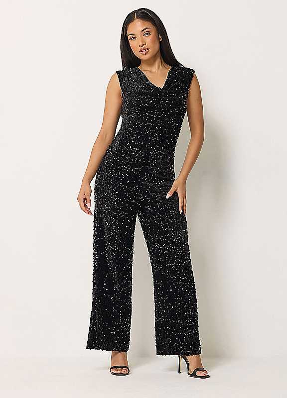 M&Co Petites Women's Black Mco Petites Sequin Velvet Cowl Neck Jumpsuit