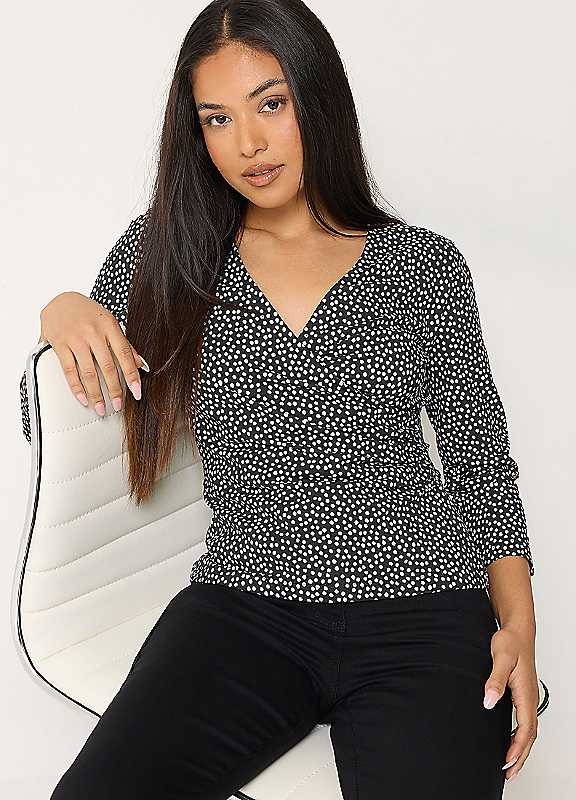 M & Co Women's Black Petite Spot Print 3/4 Sleeve Wrap Top - Image 2