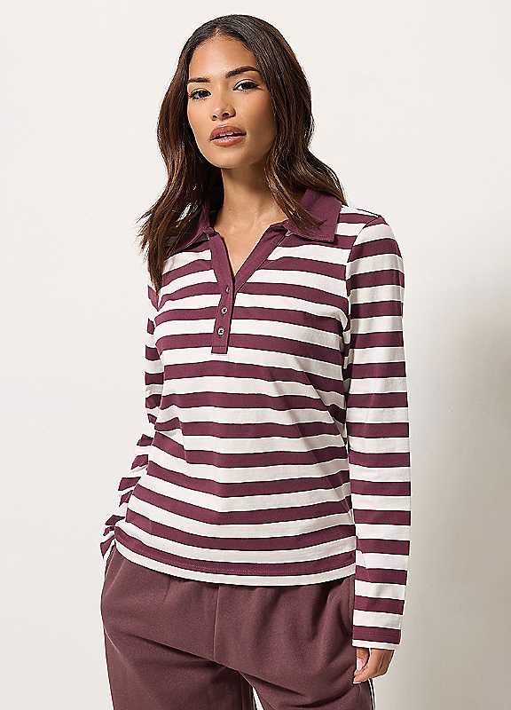 M&Co Women's Petite Stripe Cotton Polo Shirt in Dark Red | Size: 18 - Image 6