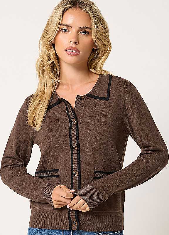 M&Co Women's Chocolate Petite Tipped Button Through Cardigan In Size 12-14 - Image 3
