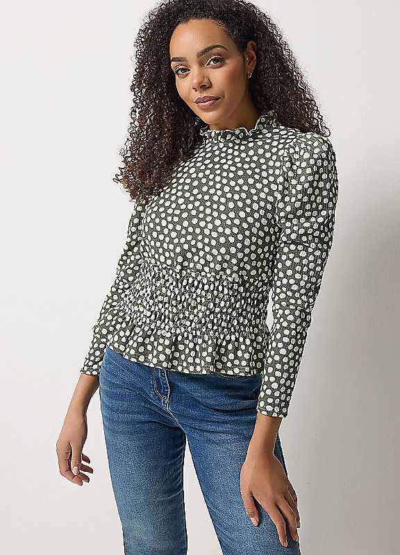 M&Co Women's Dark Green Polka Dot Shirred Top In Size 14 - Image 2