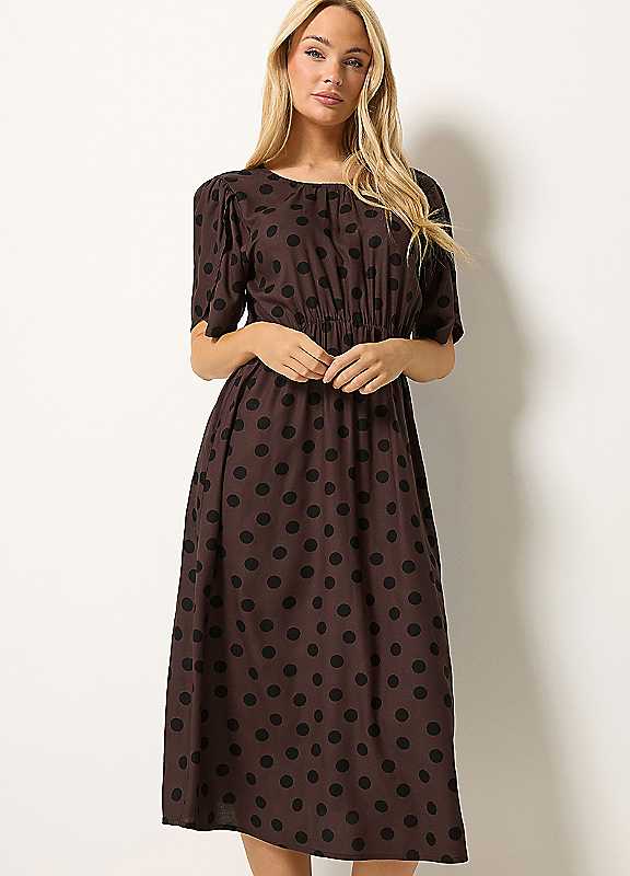 M&Co Brown Mco Polka Dot Tulip Sleeve Dress