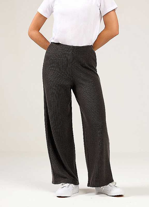 M & Co Women's Brown Petite Ribbed Wide Leg Trousers - Image 3