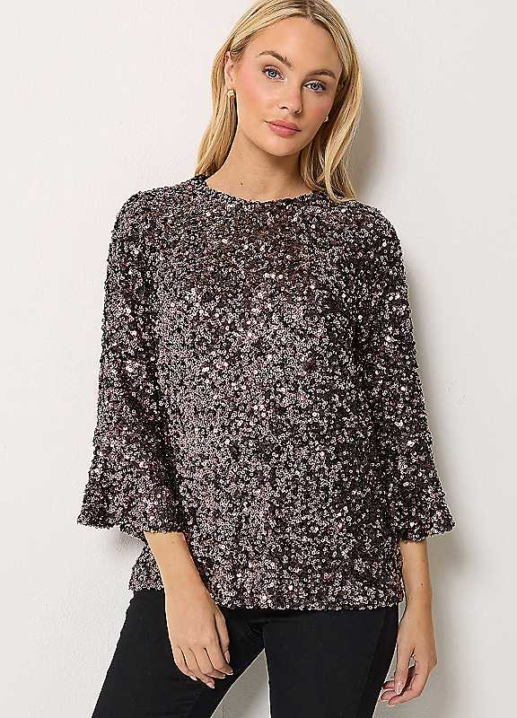 M&Co Women's Sequin Flute Sleeve Top in Chocolate | Size: 14 - Image 3