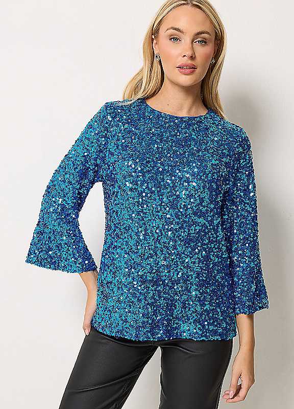 M&Co Women's Cobalt Sequin Flute Sleeve Top In | : Size 10 - Image 2