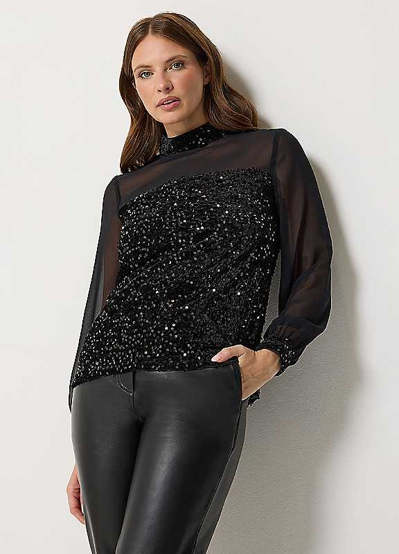 M&Co Black Mco Sequin Velvet Chiffon Top