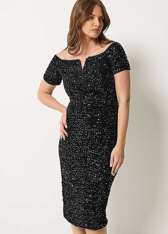 M&Co Women's Black Sequin Velvet Notch Neck Shift Dress In Size 20 - Image 2
