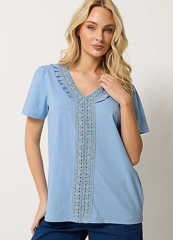 M&Co Women's Frill Cotton Blouse in Baby Blue | Size: 18 - Image 2