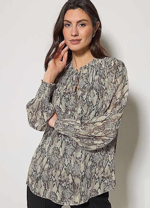 M&Co Grey Mco Snake Print Tie Neck Blouse