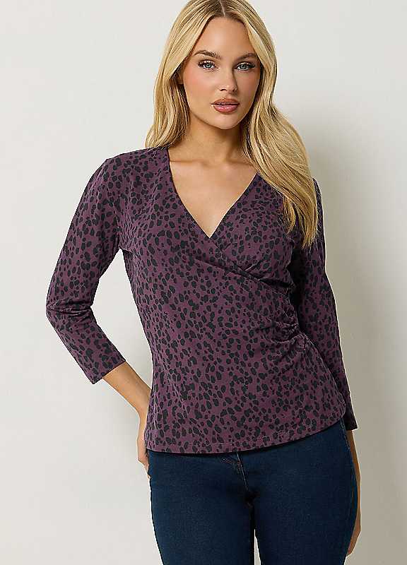 M&Co Purple Mco Spot Print Long Sleeve Wrap Top