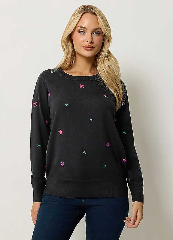 M&Co Women's Star Embroidered Jumper in Black | Size: 18-20 - Image 4