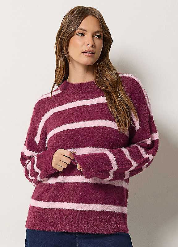 M&Co Women's Purple Fluffy Stripe Jumper In | Size: 10-12 - Image 4