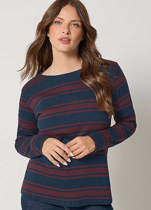 M&Co Purple Mco Stripe Long Sleeve Cotton T-Shirt