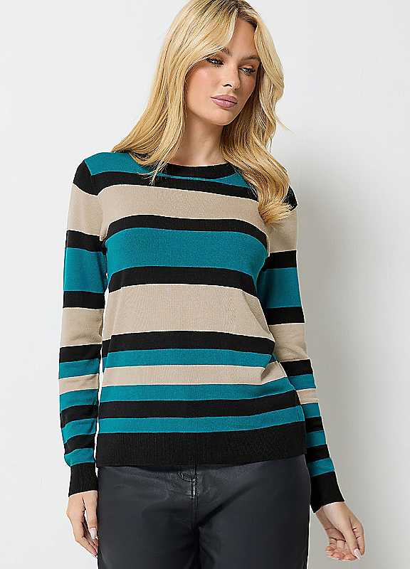 M&Co Women's Teal Stripe Long Sleeve Jumper In Size 10-12 - Image 3