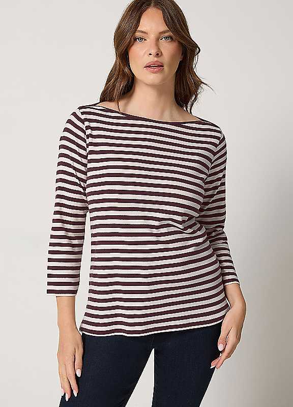 M&Co Purple Mco Stripe Slash Neck Cotton Top