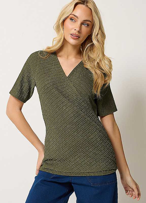 M&Co Women's Olive Textured Wrap Top In | Size: 14 - Image 6