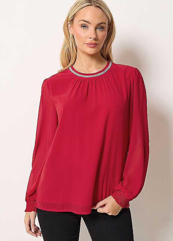 M&Co Red Mco Trim Neck Blouse