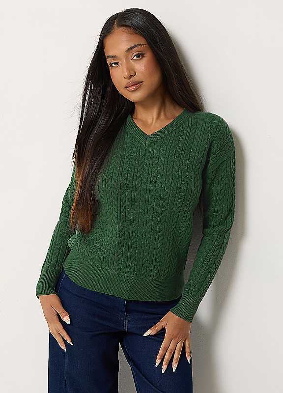M&Co Women's Green Mco V-Neck Cable Knit Jumper