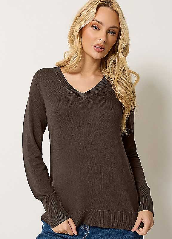 M&Co Women's Chocolate V-Neck Jumper In | Size: 10/12 - Image 5