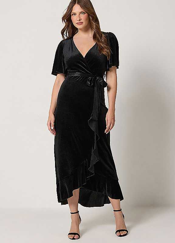 M&Co Women's Velvet Ruffle Wrap Dress in Black | Size: 20 - Image 2