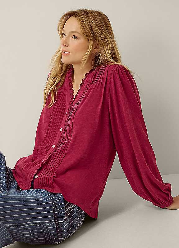 Monsoon Women's Burgundy Jenny Pintuck Lace Jersey Blouse Size XXL - Image 3
