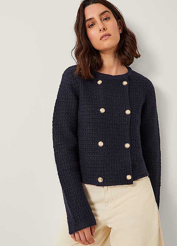 Monsoon Navy Skye Doublebreasted Waffle Knit Cardigan