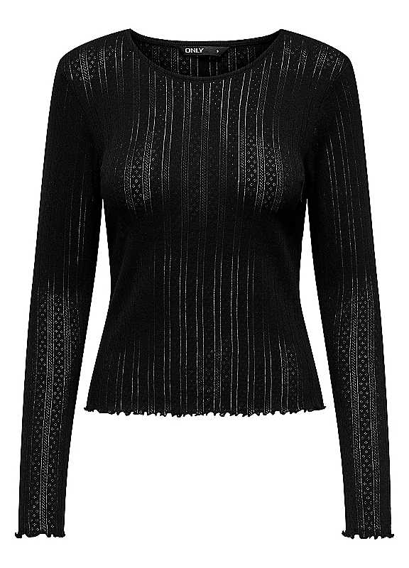 Only Women's Black Long Sleeve Round Neck Cotton Top Large