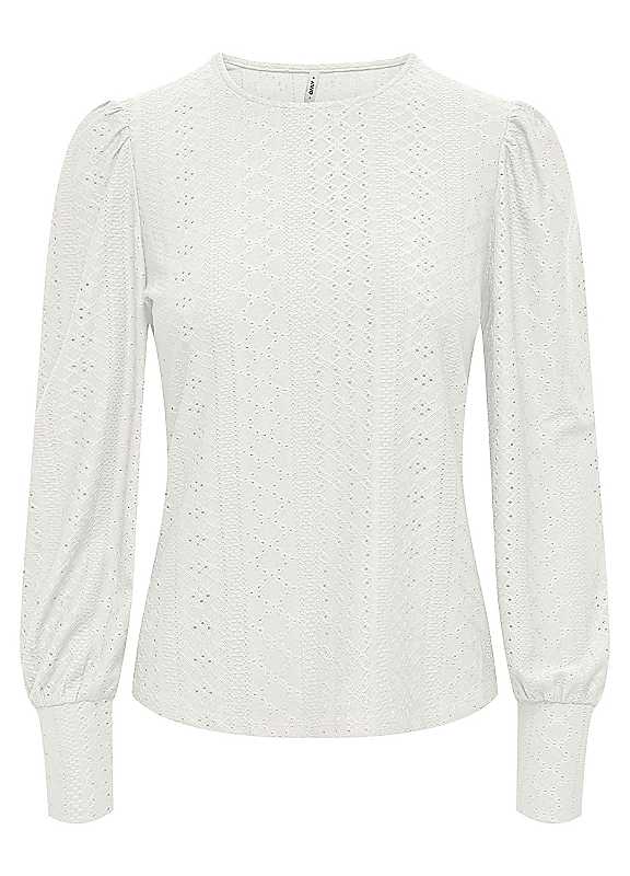 Only White Openwork Round Neck Long Sleeve Blouse Medium