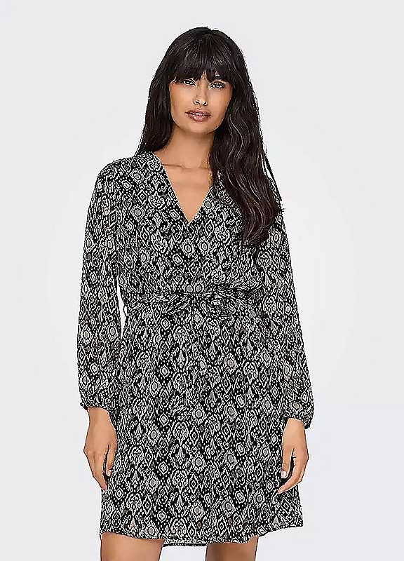 Only Black Print Printed Long Sleeve Vneck Dress Medium