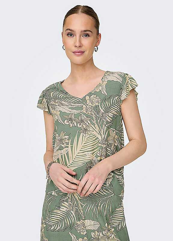 Only Women's Green Print Short Ruffled Sleeve Top Small
