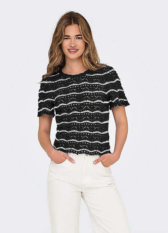 Only Black Stripe Stripe Short Sleeve Round Neck Knitted Sweater Large