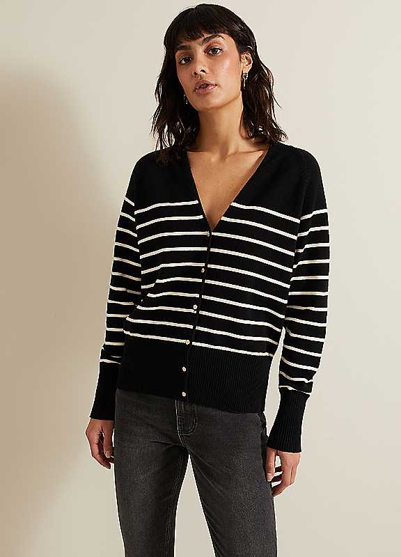 Phase Eight Black/Ivory Nina Vneck Stripe Cardigan Small