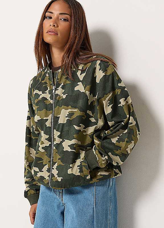 Pixiegirl Women's Green Petite Camo Bomber Jacket