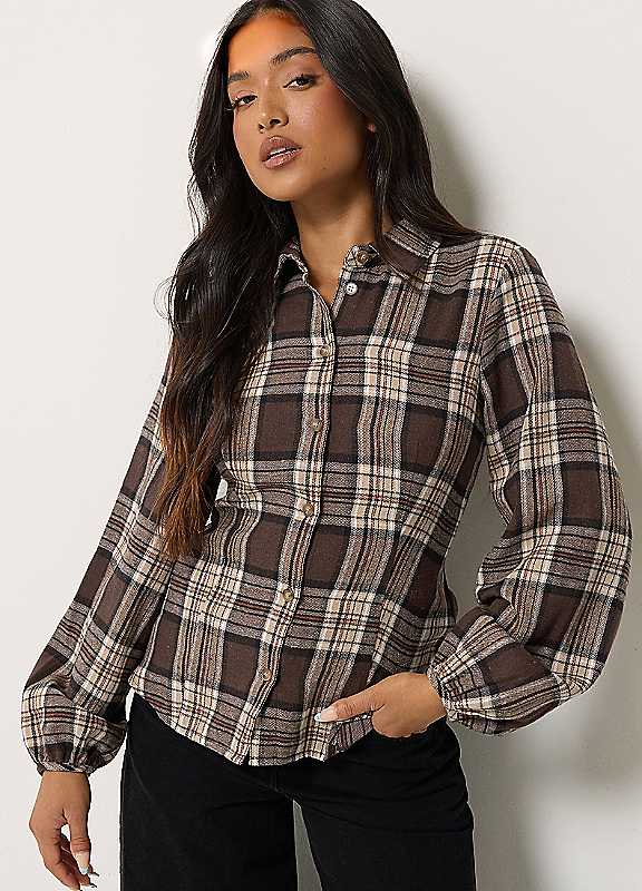 Pixiegirl Women's Brown Petite Check Fitted Shirt In | Size: 18 - Image 7