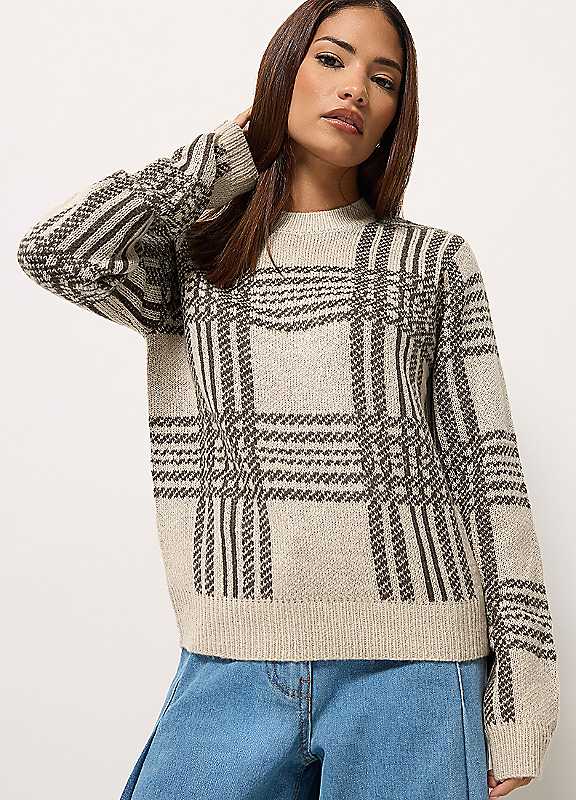 Pixiegirl Women's Natural Petite Check Knitted Jumper In | Size: 12-14 - Image 2