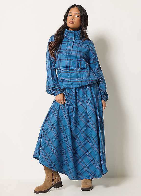 Pixiegirl Women's Blue Petite Check Print Maxi Skirt In | Size: 16 - Image 2