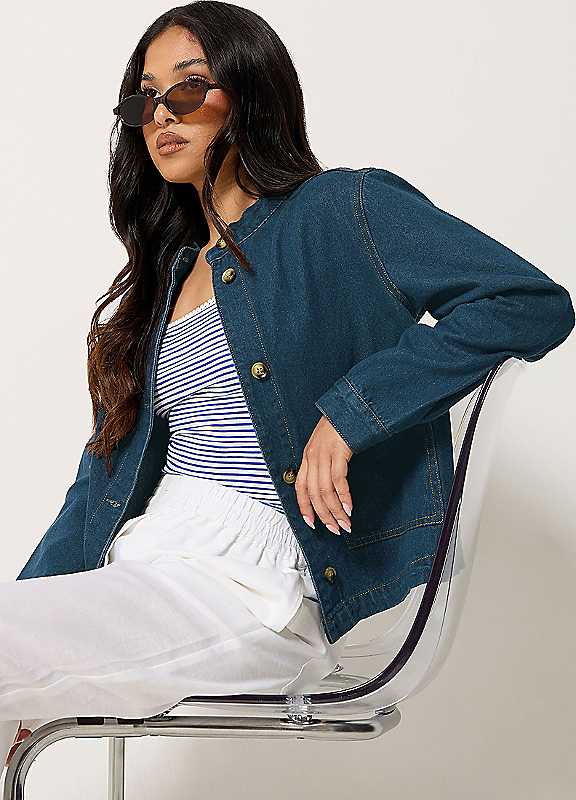 Pixiegirl Women's Blue Petite Collarless Denim Jacket In | Size: 12 - Image 2
