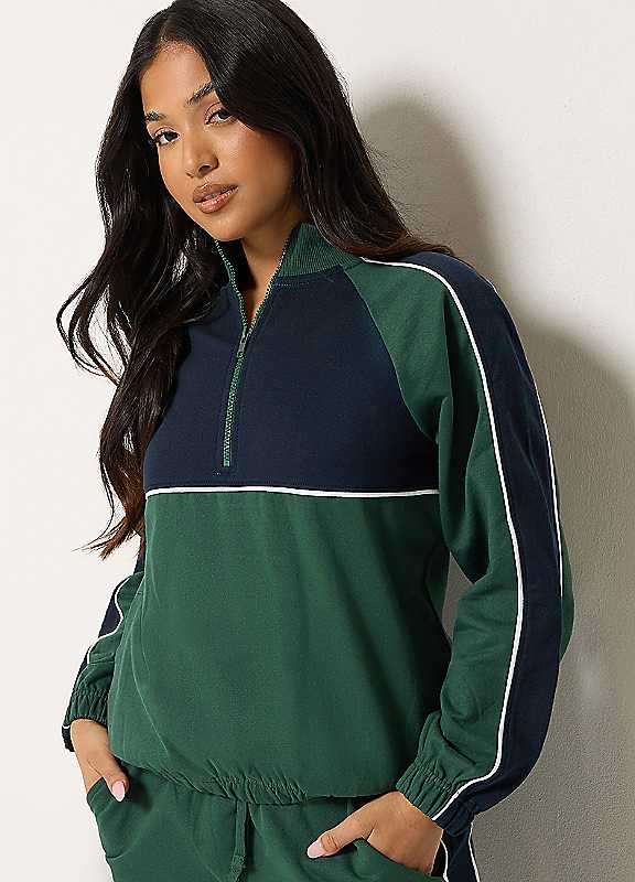 PixieGirl Women's Petite Colour Block Quarter Zip Sweatshirt in Green | Size: 8 - Image 2