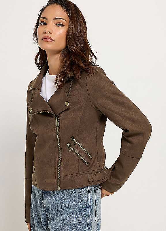 PixieGirl Women's Petite Faux Suede Biker Jacket in Brown | Size: 12 - Image 2