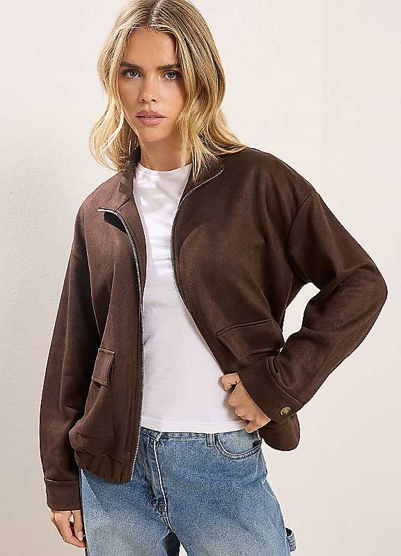 PixieGirl Women's Petite Faux Suede Bomber Jacket in Chocolate | Size: 8 - Image 7