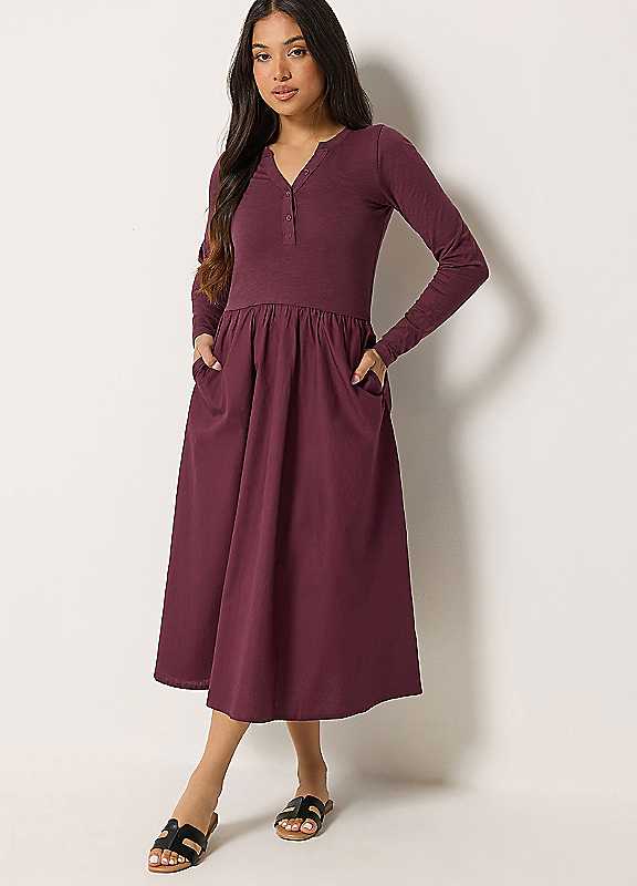 Pixiegirl Women's Burgundy Petite Henley Cotton Midi Dress In | Size: 18 - Image 3